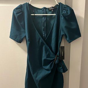 Lulu's Teal Satin Puff Sleeve Wrap Mini Dress